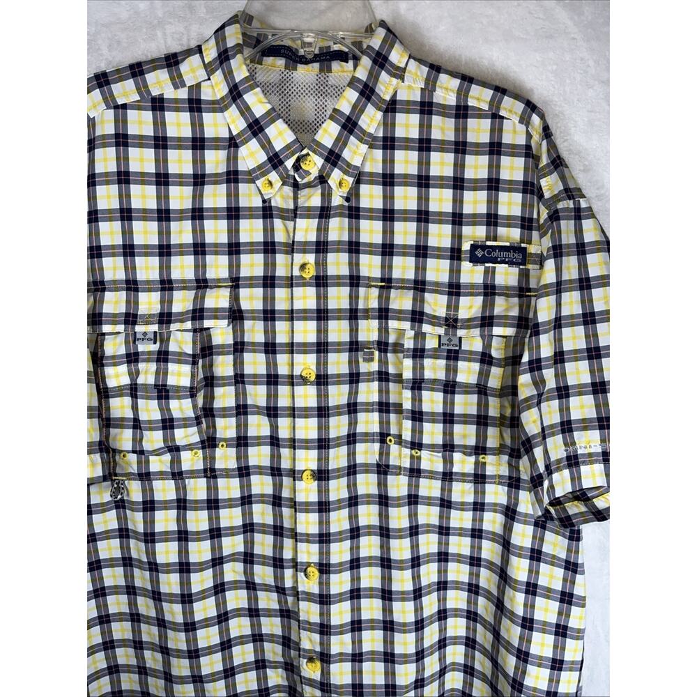 Columbia Super Bahama Plaid Fishing Shirt Short Sleeve Button Front Mens XL Blue